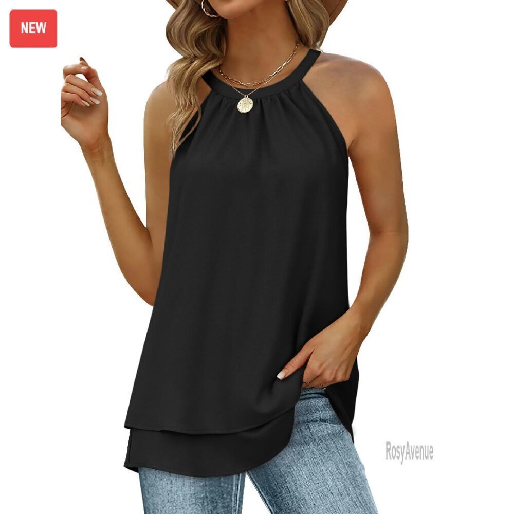 Halter Tank Top High Neck Double Layer Sleeveless Summer Tops
